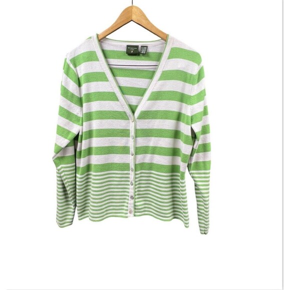 Mountain Lake Cardigan Sweater Women XL Green White‎ Striped Button Front V Neck - Picture 1 of 10